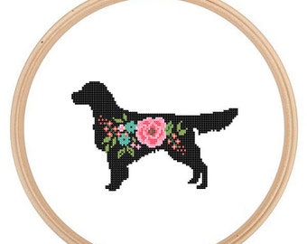 Golden Retriever Silhouette Cross Stitch Pattern Floral roses Pet animal wall art Dog cross stitch modern trendy great gift