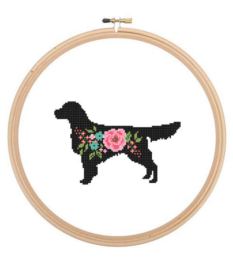 Golden Retriever Silhouette Cross Stitch Pattern Floral roses Pet animal wall art Dog cross stitch modern trendy great gift image 1