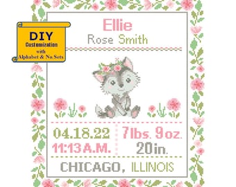 May include: A cross-stitch pattern featuring a cute cartoon wolf wearing a flower crown. The pattern includes the name "Ellie Rose Smith", the date "04.18.22", the time "11:13 A.M.", the weight "7lbs. 9oz.", the length "20in.", and the location "CHICAGO, ILLINOIS".