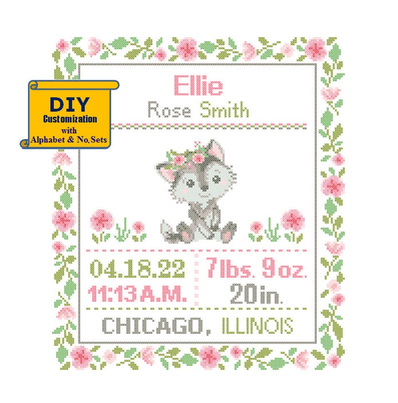 Wolf Cross Stitch Birth Announcement cross Stitch Birth Record Floral Baby Boy Girl Wolf Nursery pink gray birth sampler woodland jungle image 1