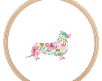 Corgi Silhouette Cross Stitch Pattern Floral Water color effect Pet animal wall art Dog cross stitch modern trendy great gift