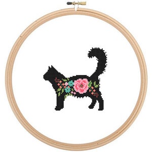 Main Coon silhouet kruissteekpatroon bloemen rozen huisdier kunst Main Coon kat kruissteek moderne boerderij Main Coon kruissteek kat