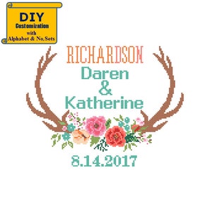 Antler Wedding cross stitch DIY customizable Pattern Modern Wedding cross stitch floral Wedding Record Deer Sampler Wedding Anniversary