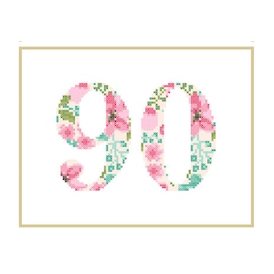 Floral 90 Cross Stitch Pattern 90th birthday cross stitch 90th Anniversary cross stitch Birthday Wedding Anniversary Ninety image 1