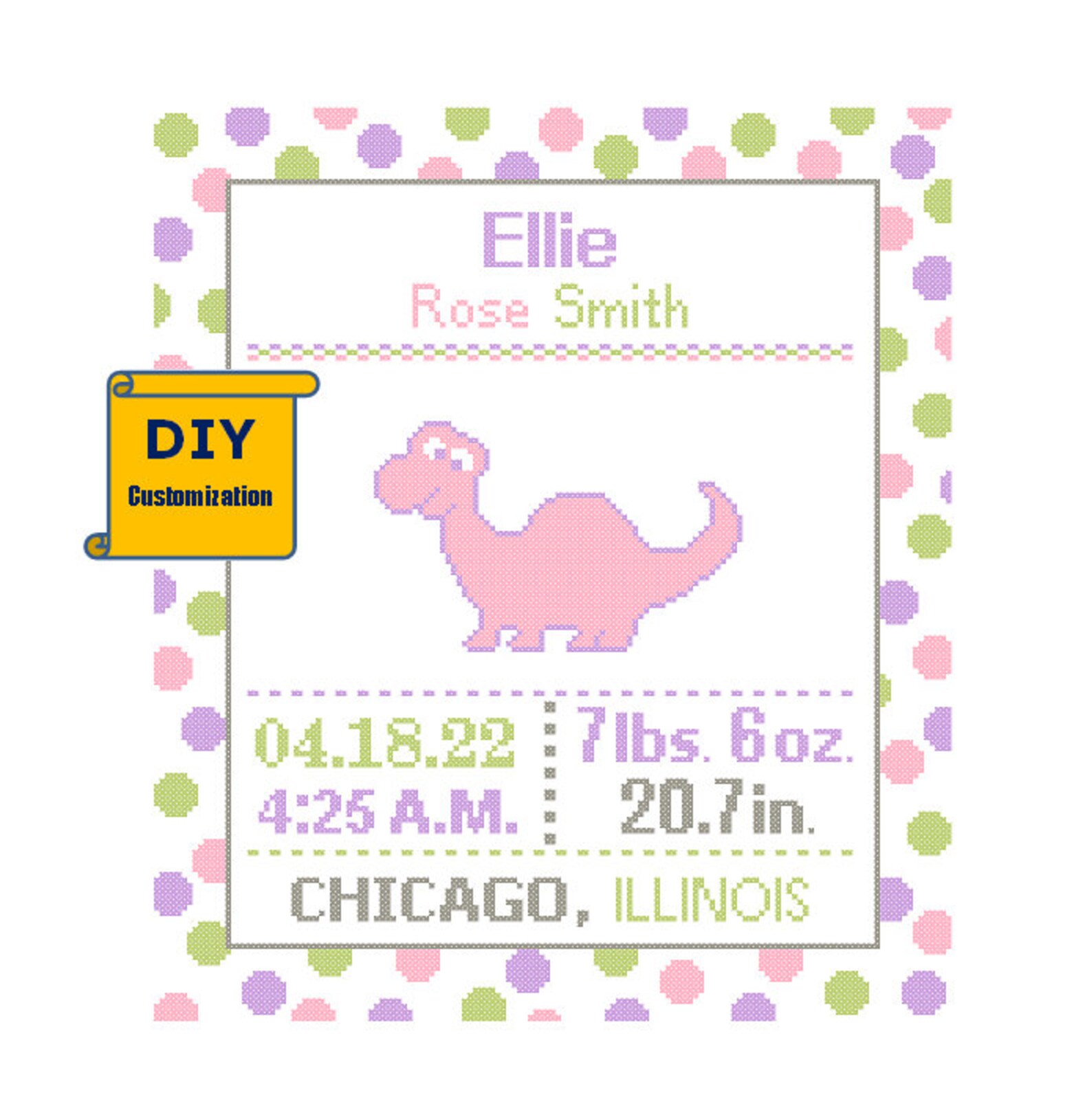 Pink Dino Cross Stitch Birth Announcement Cross Stitch Birth Etsy