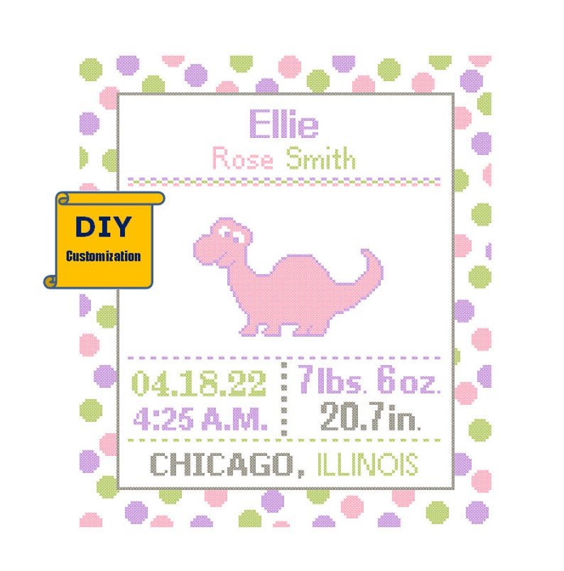 Pink Dino Cross Stitch Birth Announcement Cross Stitch Birth Sampler Polka Dot Baby Baby Dinosaur Nursery Dino birth sampler purple image 1