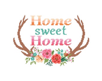 Modern Cross Stitch Pattern Home Sweet Home cross stitch Floral Antler theme Deer Antlers cross stitch Stag Antlers cross stitch pattern