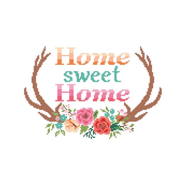 Modern Cross Stitch Pattern Home Sweet Home cross stitch Floral Antler theme Deer Antlers cross stitch Stag Antlers cross stitch pattern