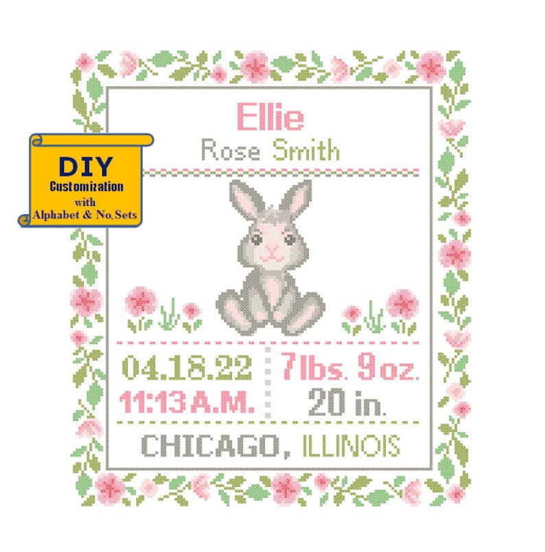 Rabbit Cross Stitch Birth Announcement Cross Stitch Birth Etsy