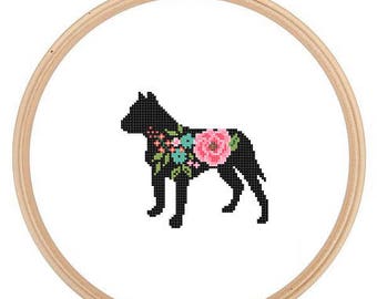 Pitbull Silhouette Cross Stitch Pattern Floral roses Pet animal wall art Dog cross stitch modern trendy great gift