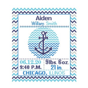 1 Cross Stitch custom Pattern Baby Boy Personalised Birth Announcement Birth Record Anchor Red Blue Navy Nautical Nursery chevron