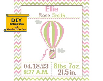 Hot Air Balloon Cross Stitch Birth Announcement Cross Stitch Birth Record Baby Nursery Adventure baby sampler orange navy pink green