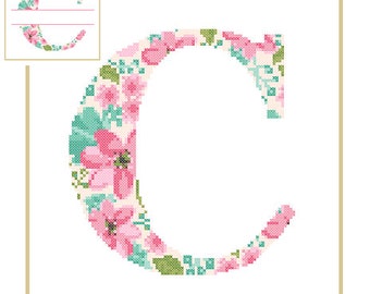 Floral Monogram C Cross Stitch Pattern C Initial C Letter cross stitch Baby birth nursery split letter cross Wedding Anniversary Wedding