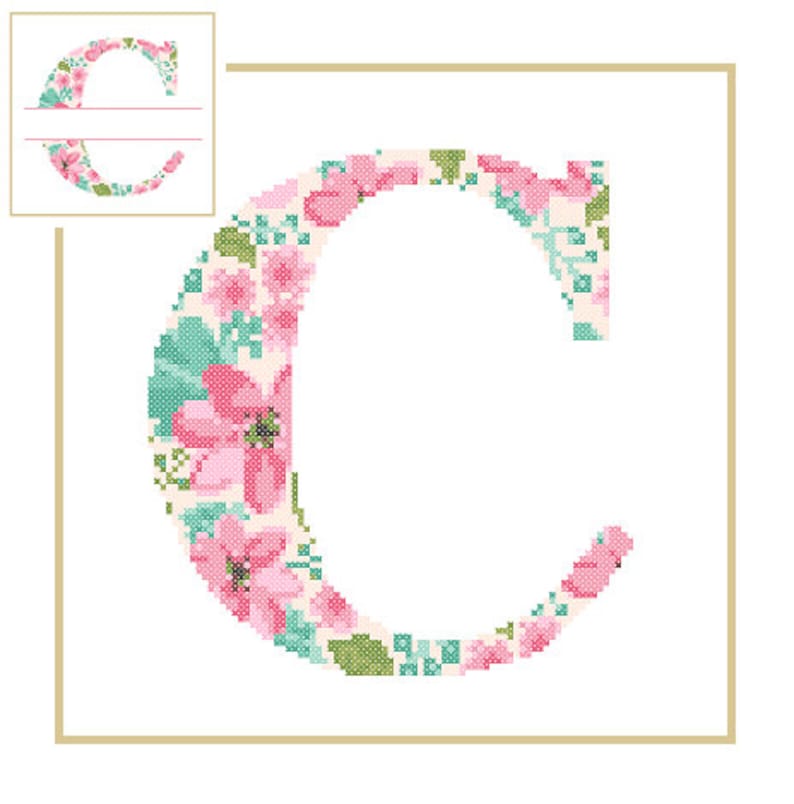 Floral Monogram C Cross Stitch Pattern C Initial C Letter cross stitch Baby birth nursery split letter cross Wedding Anniversary Wedding image 1