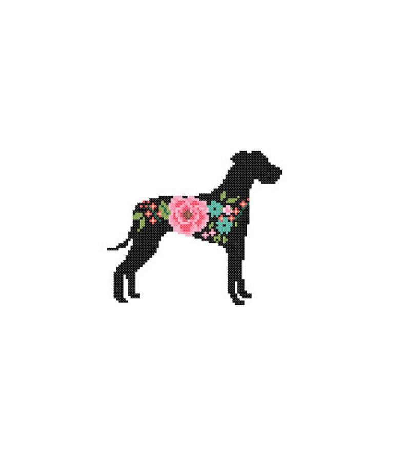 Natürliche Ohren Deutsche Dogge Silhouette Kreuzstich Muster Floral Haustier Tier Wandkunst Hund Kreuzstich modern trendy tolles Geschenk Bild 2