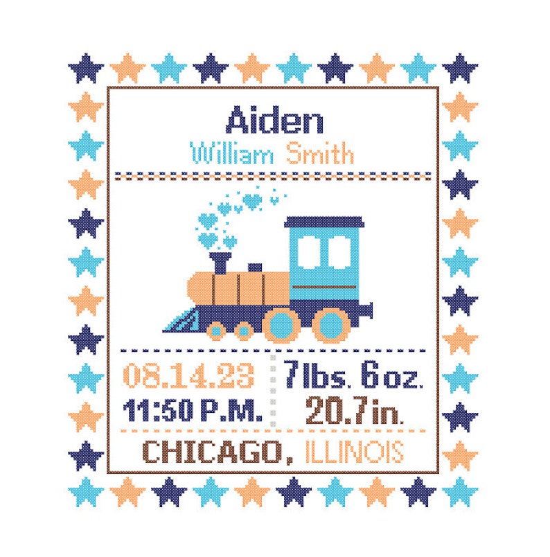 1 Custom Pattern Cross Stitch Birth Announcement Cross Stitch Birth Record Cross Stitch Baby Boy Train Engine Nursery chevron Orange Blue image 1