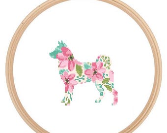 Akita Silhouette Cross Stitch Pattern Floral Water color effect Pet animal wall art Dog cross stitch modern trendy great gift