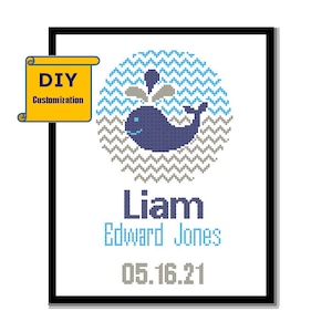Best Whale Cross Stitch Birth Announcement Cross Stitch Birth Record Nautical Baby Boy Nursery Instant Download DIY customizable Pattern