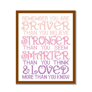 Modern Cross Stitch Pattern Remember you are Braver than you believe Inspirational quote typography Nursery Girl wall art gift image 2