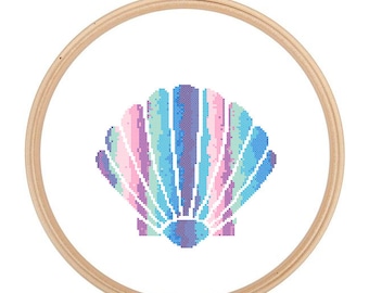 Jakobsmuschel Kreuzstich Stickmuster blau rosa Wand Kunst Sea Life moderne Kreuzstich maritim Muschel Ozean tolles Geschenk