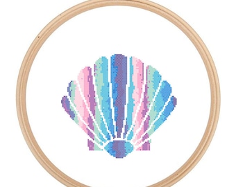 Scallop Shell Cross Stitch Pattern blue pink wall art sea life modern cross stitch nautical sea shell ocean great gift