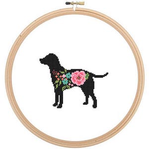 Labrador Retriever Silhouette Cross Stitch Pattern Floral roses Pet animal wall art Dog cross stitch modern trendy great gift