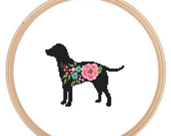 Labrador Retriever Silhouette Point De Croix Motif Floral roses Pet animal wall art Chien point de croix moderne à la mode grand cadeau