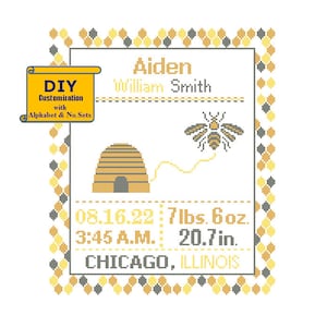 Bee Cross Stitch Birth Announcement Cross Stitch Birth Record Honey Bee Yellow gray beehive honeycomb cross stitch pattern birth sampler