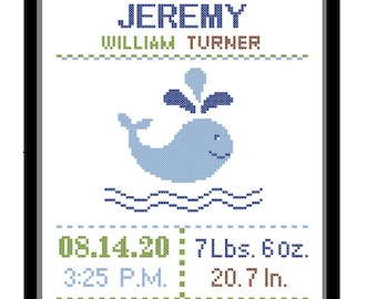 1 Cross Stitch custom Pattern Baby Boy Personalised Birth Announcement Birth Record Whale Blue Green Brown Nature Nautical Nursery Gift