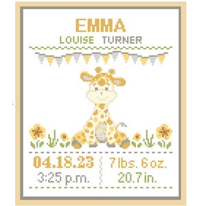 Custom Pattern Giraffe Cross Stitch Birth Announcement Cross Stitch Birth Record Baby Girl green Jungle Forest Nursery Gift