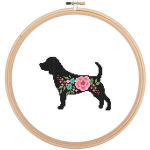 Beagle Silhouette Cross Stitch Pattern floral roses Pet animal wall art Beagle Dog cross stitch modern gift