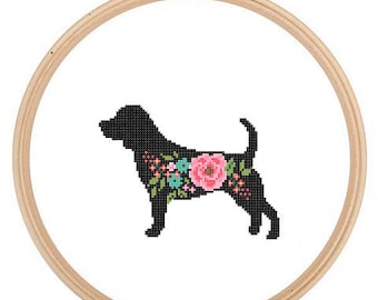 Beagle Silhouette point de croix motif roses florales animal de compagnie mur art Beagle chien point de croix cadeau moderne