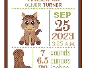 1 Cross Stitch custom Pattern Baby Personalised Birth Announcement Birth Record Horse Green Brown Nature Farm Nursery Gift