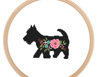 Schema punto croce Silhouette Scottish Terrier Rose floreali Arte da parete per animali domestici Punto croce per cani punto croce moderno per cani Scottie Terrier