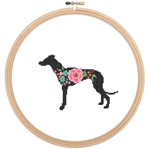 Greyhound Silhouette Cross Stitch Pattern Floral roses Pet animal wall art Dog cross stitch modern grey hound dog cross stitch image 1