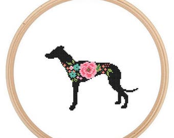 Greyhound Silhouette Cross Stitch Pattern Floral roses Pet animal wall art Dog cross stitch modern grey hound dog cross stitch