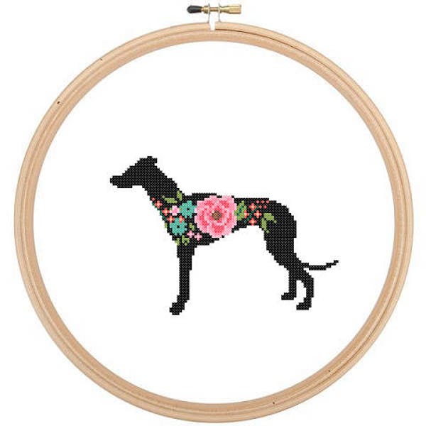 Lévrier Silhouette point de croix motif Floral roses Pet animal mur art chien point de croix moderne gris chien chien point de croix