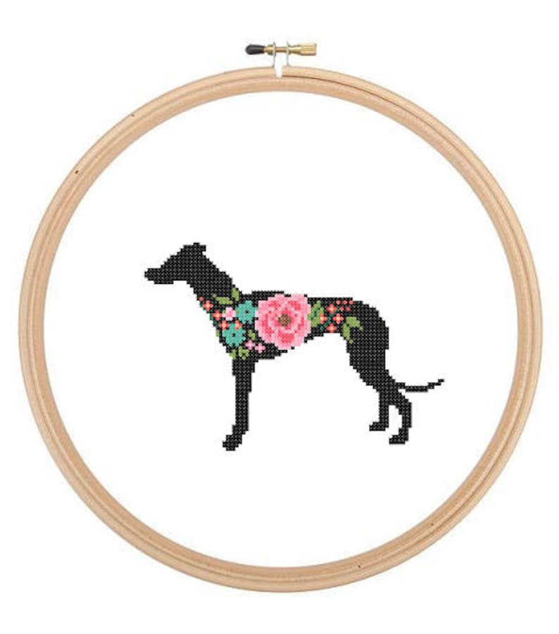 Greyhound Silhouette Cross Stitch Pattern Floral roses Pet animal wall art Dog cross stitch modern grey hound dog cross stitch image 1