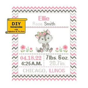 Wolf Kreuzstich Geburtsanzeige Kreuzstich Geburtskarte Chevron Baby Boy Girl Wolf Kinderzimmer rosa grau Geburt Sampler Wald Dschungel