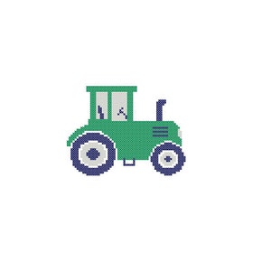 May include: A green toy tractor with blue wheels and a black exhaust pipe. The tractor has a white cabin with a black steering wheel.