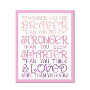 Modern Cross Stitch Pattern Remember you are Braver than you believe Inspirational quote typography Nursery Girl wall art gift image 1