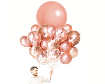 Rose Gold Balloon Bouquet ( Large Balloon Bundle with Confetti Balloons ) - Copper Fall / Autumn Wedding Decor Ideas / Bachelorette Decor