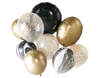 New Years Eve Balloons - Decorations - Black White & Gold ( Balloon Bouquet Bundle with Confetti ) NYE Decor Ideas 40th 30th Birthday