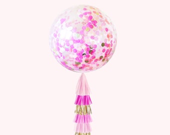 Pink Giant Confetti Balloon with DIY Tassels (Jumbo, Baby Shower, or Birthday Decoration)