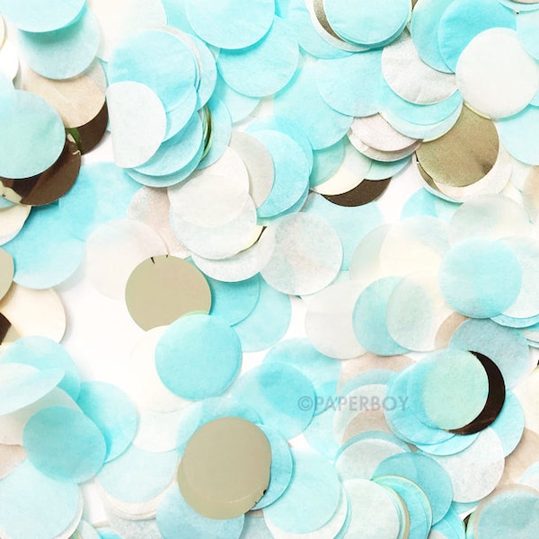Tissue Paper Confetti - Baby Blue & Gold - Metallic Champagne Ivory Pastel - 1" Circle One Inch Handmade Hand Cut - Choose .5 oz or 1 oz