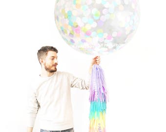 Giant Confetti Balloon - Jumbo Balloon Tassel / Birthday / Unicorn Party Decorations / Pastel Rainbow Fringe / Mermaid Party Decor