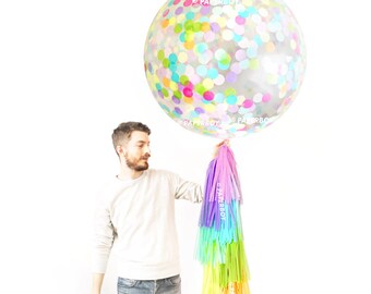 Jumbo Rainbow Confetti Balloon - Jumbo Balloon Tassel / Birthday / Party Decorations / Rainbow Fringe / Party Decor