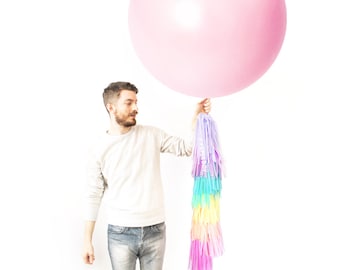 Pastel Rainbow Balloon & Tassel Tail - 36" inch Large round - Purple Lilac Pink White and Ivory Balloons - Unicorn Party Ideas