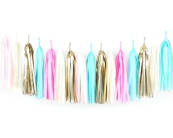 Cotton Candy Tassel Garland DIY Kit Banner - Light Pink, Blue, Blush, Gold Paper Room Baby Shower Tassle Decor Balloon Tail