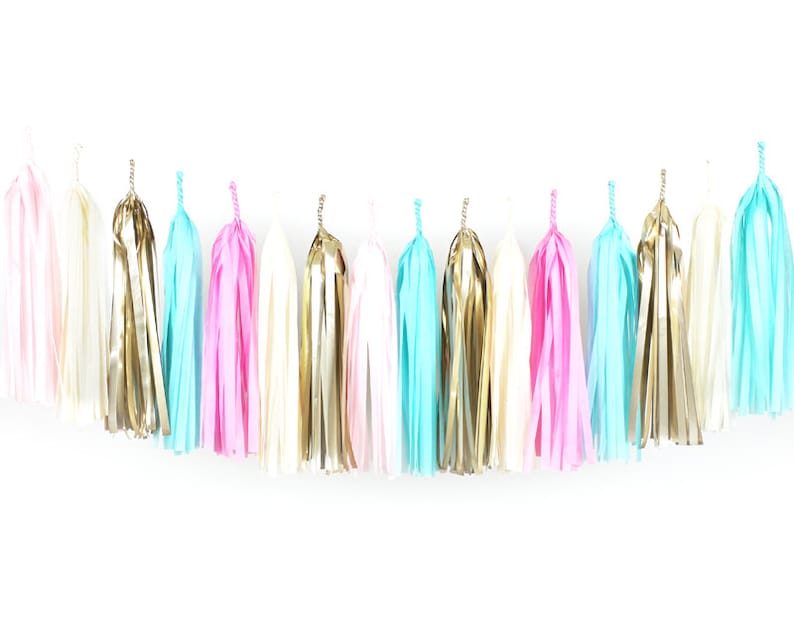 Gold Paper Room Baby Shower Tassle Decor Balloon Tail Blush Blue Light Pink Cotton Candy Gender Reveal Tassel Garland DIY Kit Banner